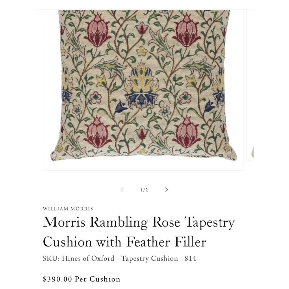 Morris Rambling Rose Tapestry Cushion with Feather Filler Pillow - Picture 6 of 6
